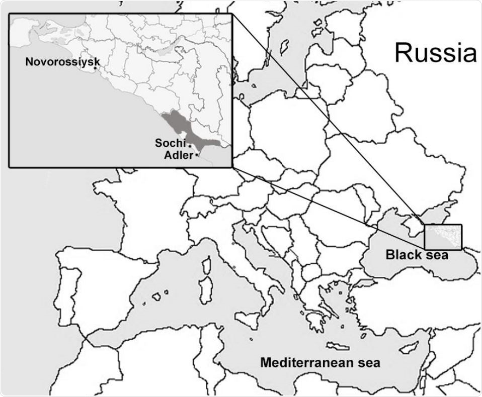 Map of the region where bat samples were collected. Location of Sochi National Park and surrounding area is shown in grey.