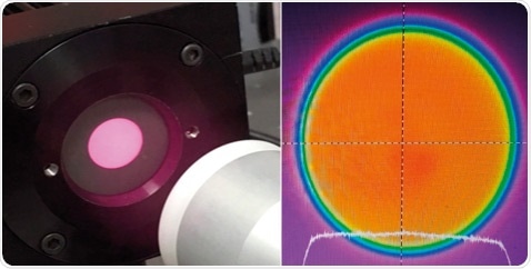 Intensity distribution of the laser spot homogenized through the liquid fiber.