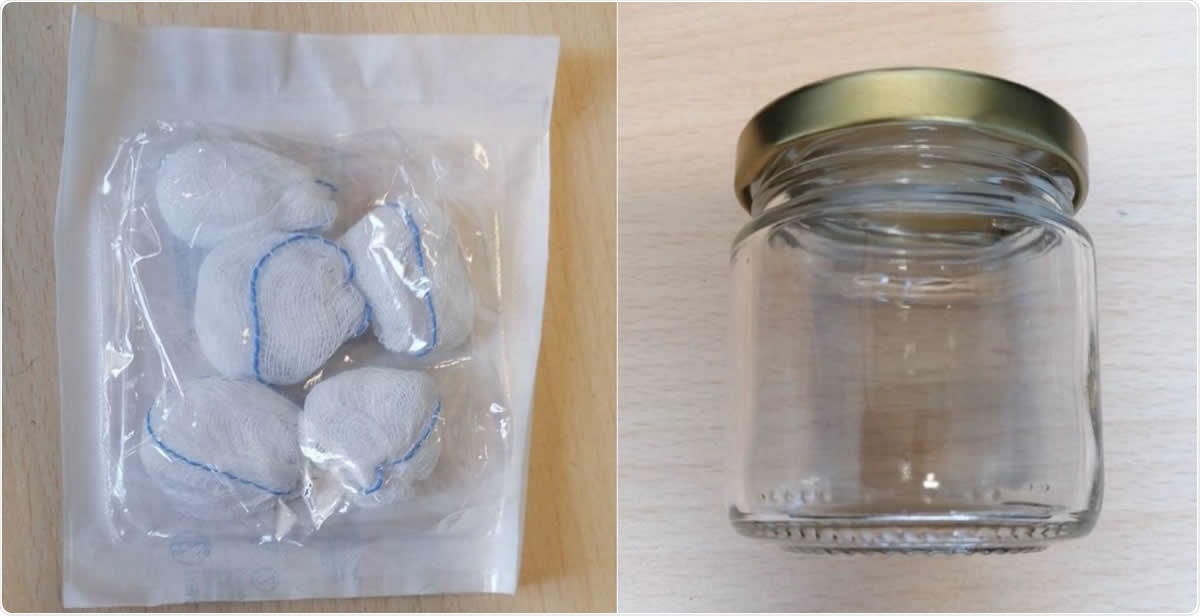 Gauze used for underarm sweat collection by patients (A). Glass jar with metal top used for gauze collection (B).