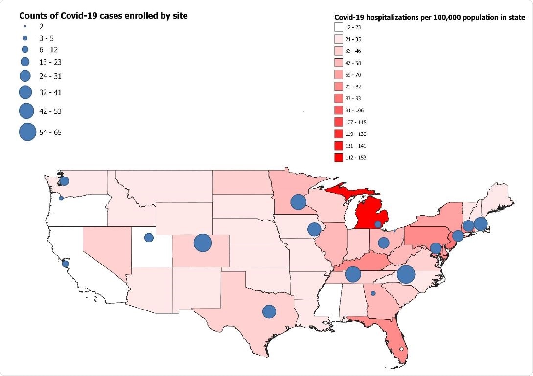 Map of continental United States with incidence of Covid-19 hospitalizations by state in April 2021 indicated by color (red). Participating sites are shown on the map with circles; the size of each circle represents the number of Covid-19 cases included from each site in this analysis -- IVY Network, United States, March–May 2021.