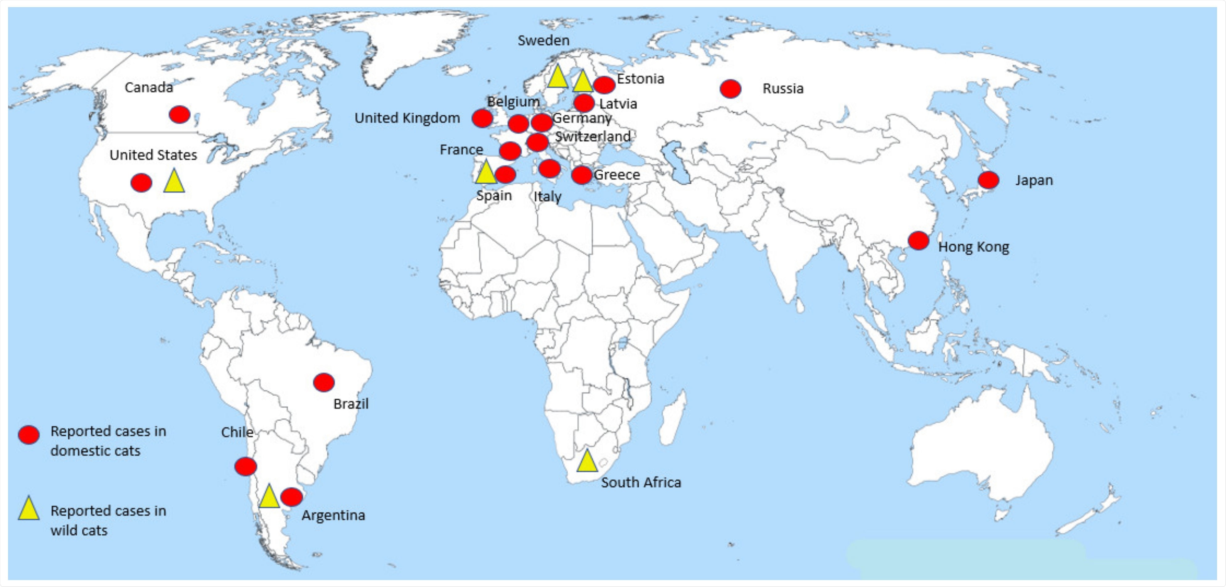 Distribution of cases of SARS-CoV-2 reported in domestic and wild cats worldwide. Red circles denote cases in domestic cats reported by country. The virus has been detected in at least three different continents (the Americas, Europe and Asia) in these animals. Yellow triangles denote cases in captive wild felines which have been reported in the Americas, Europe and Africa.