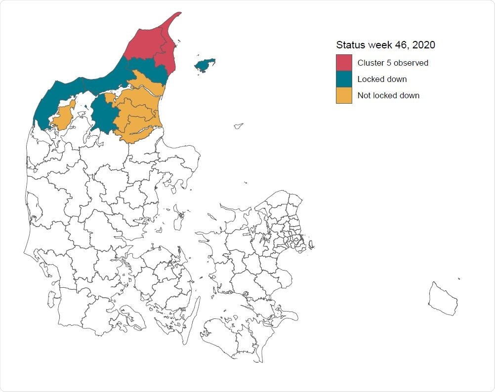 Status for the municipalities in the North Denmark Region following the lock-down order on November 6, 2020. The order was imposed in municipalities with observations of Cluster-5 (red), as well as surrounding municipalities with a high concentration of mink farms (blue). The remaining coloured municipalities belong to the North Denmark Region, but was not locked down. The remaining municipalities in Denmark are coloured white.