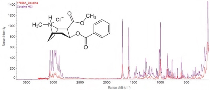 Experimental Raman spectrum (in red, laser 785 nm – 25 mW, 5 exposures of 8 s each) and library (purple) of cocaine hydrochloride and its structure formula.