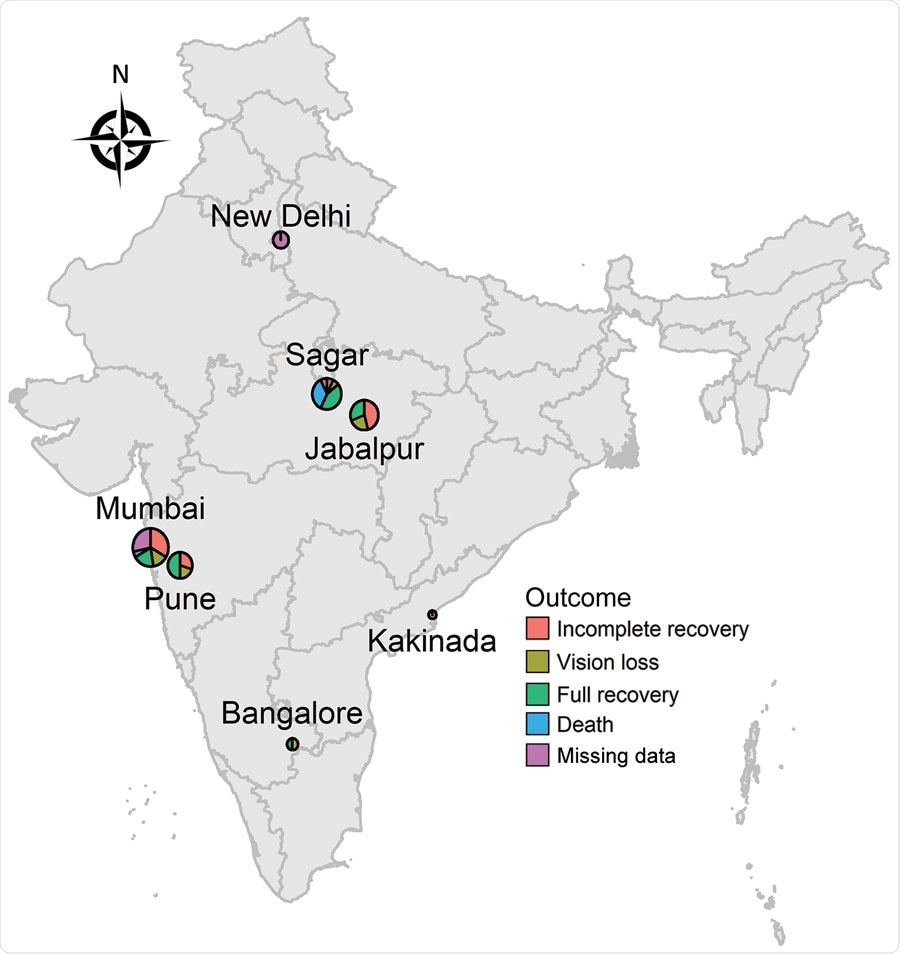 Distribución geográfica de la mucormicosis enfermedad-asociada del coronavirus, la India, 2021. Las tallas de círculos indican el número de casos en esa área. El uso del mapa reconocido por el gobierno de los Estados Unidos no aprueba las reclamaciones territoriales de ninguna nación específica.