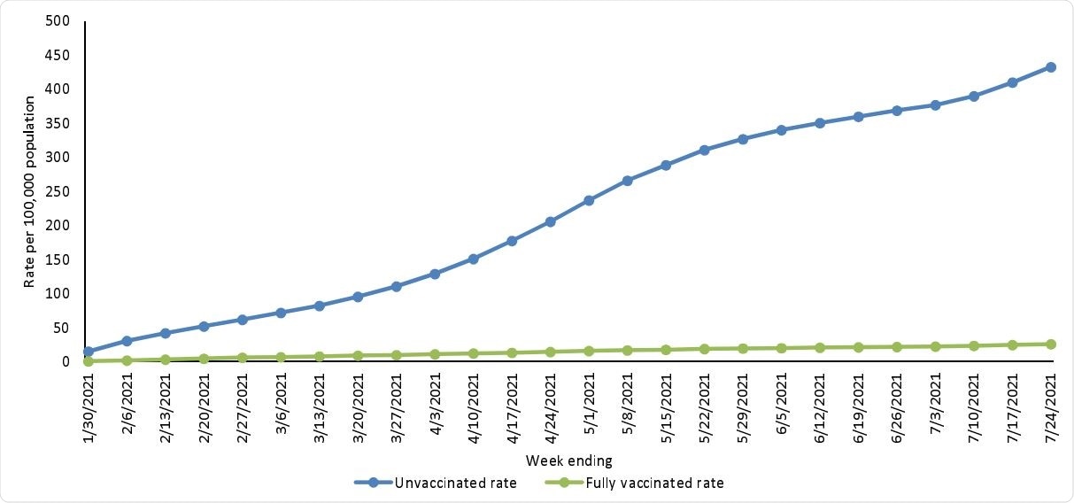 Age-adjusted population-based rates of COVID-19-associated hospitalizations among unvaccinated and fully vaccinated adults aged ≥18 years admitted January 24–July 24, 2021, A) cumulative and B) by week of admission — COVID-NET, 13 States