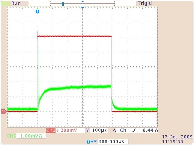 The quasi-cw laser output (lower trace) and drive current waveform (upper trace) for a 0.5-ms duration, 10 A current pulse at a 1000 Hz repetition rate.