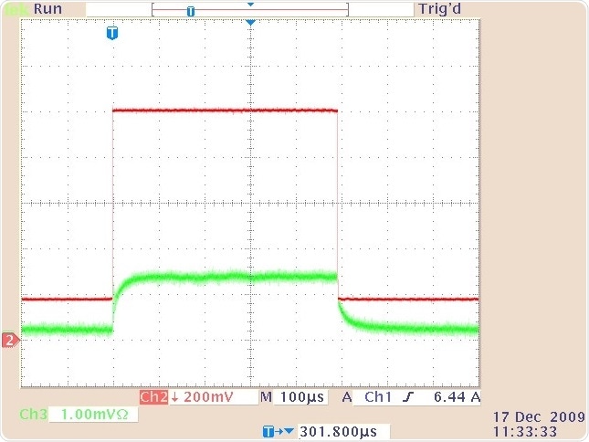 The quasi-cw laser output (lower trace) and drive current waveform (upper trace) for a 1.0-ms duration, 8.2 A current pulse superimposed on a 1.8 A continuous bias current at a 1000 Hz repetition rate.