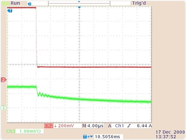 The quasi-cw laser output (lower trace) and drive current waveform (upper trace) showing the relaxation oscillation decay at the end of the laser pulse shown in Figure 6.