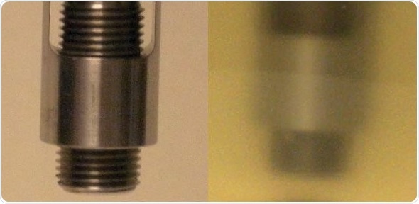 Transflectance probe used for data collection. Left panel shows the design of the probe with the adjustable pathlength. Right panel shows probe inserted into cell culture during data collection.