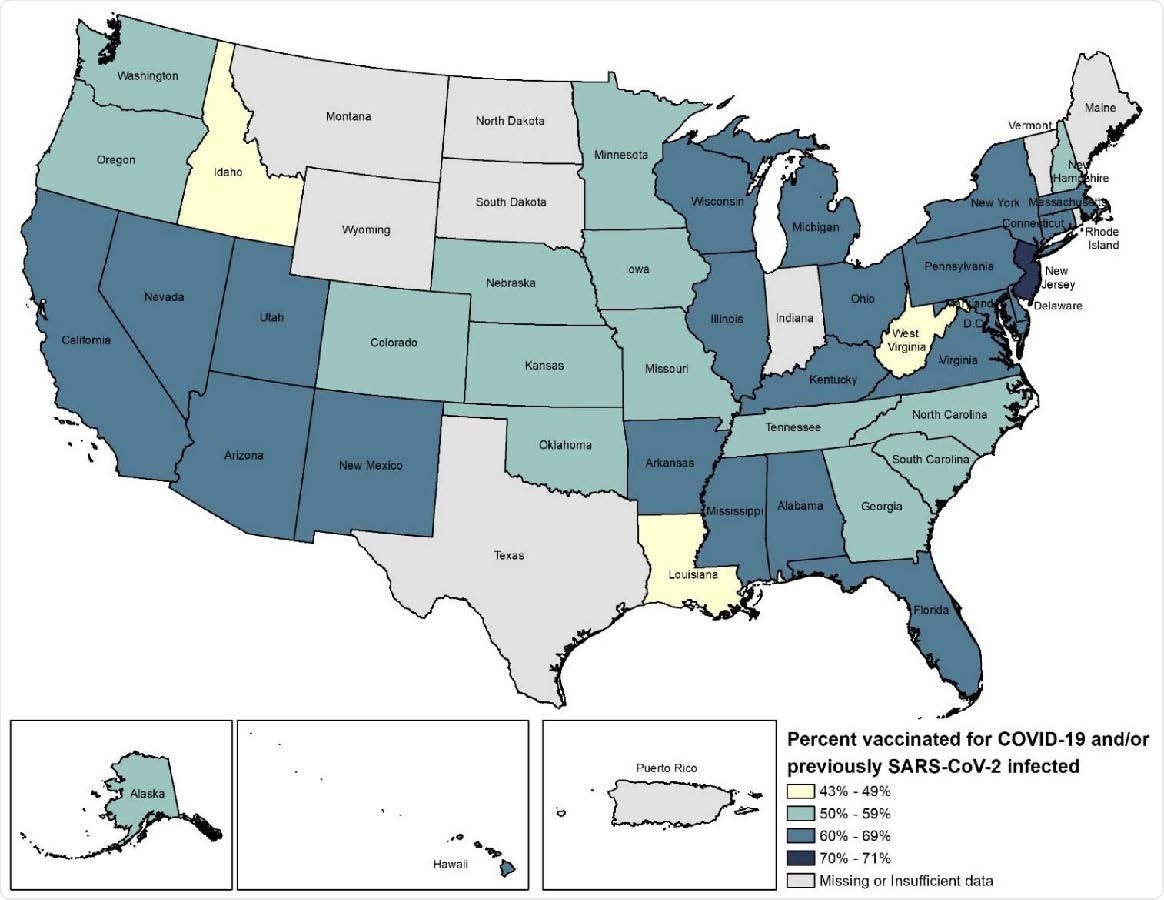 Percentage of the population vaccinated for COVID-19 and/or previously SARS-CoV-2 infected by state as of August 26, 2021