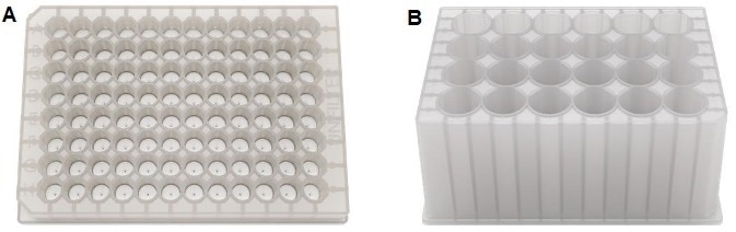 Big Tuna can accommodate both Unfilter 96 and Unfilter 24. A: Unfilter 96 allows for up to 96 samples to be buffer exchanged simultaneously at volumes of 100–450 μL per well. B: Unfilter 24 allows for up to 24 samples to be buffer exchanged simultaneously at volumes of 0.45–8 mL per well.