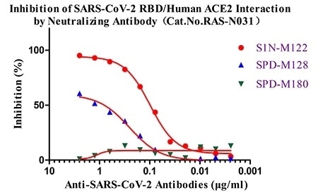 Anti-SARS-CoV-2 (B.1.351) Neutralizing Antibody Titer Serologic Assay Kit (Spike RBD) (Cat.No.RAS-N031) is used to detect the inhibition of SARS-CoV-2 RBD/human ACE2 interaction by anti-SARS-CoV-2 neutralizing antibodies Cat. No. S1N-M122, Cat. No. SPD-M128 and Cat. No. SPD-M180. As shown in the figure above, Cat. No. S1N-M122 is more potent than Cat. No. SPD-M128 and Cat. No. SPD-M180 in blocking SARS-CoV-2 RBD/human ACE2 interaction.