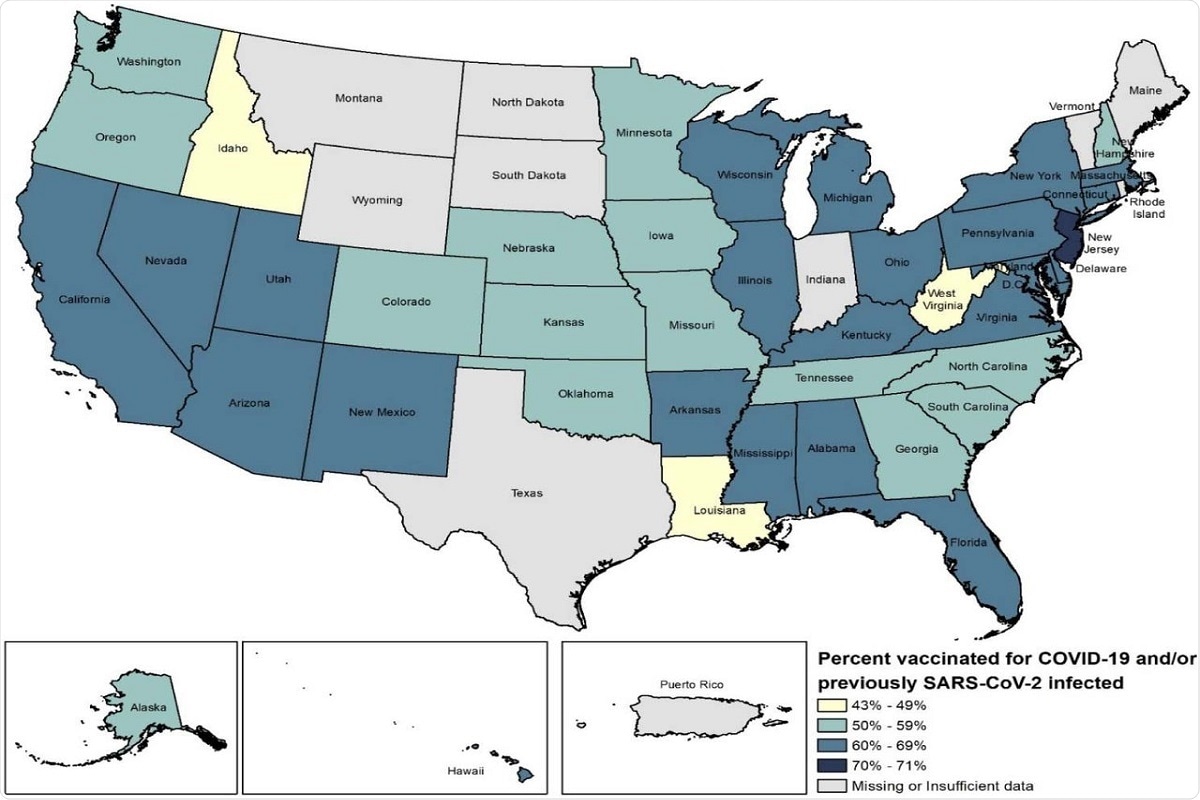Figure 3. Percentage of the population vaccinated for COVID-19 and/or previously SARS-CoV-2 infected by state as of August 26, 2021