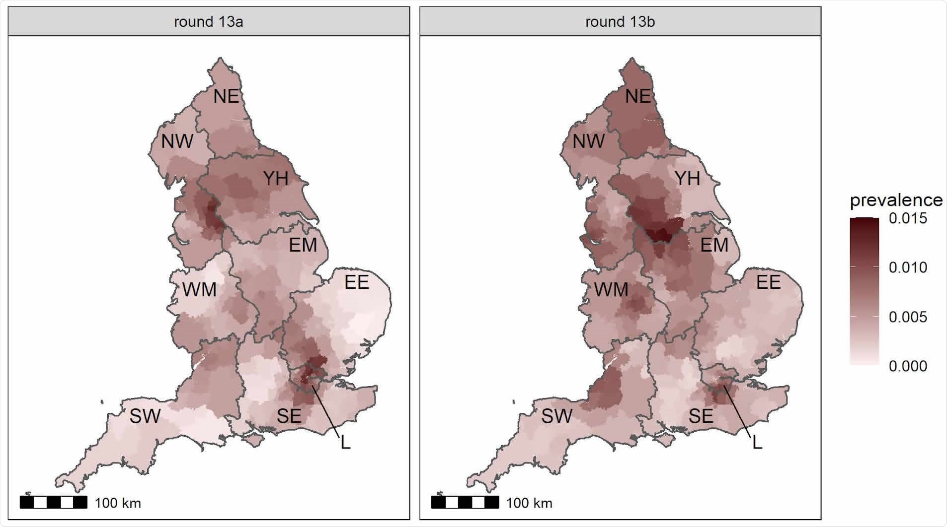 Neighbourhood smoothed average prevalence by lower tier local area for (A) round 13a and (B) round 13b. Neighbourhood prevalence calculated from nearest neighbours (the median number of neighbours within 30 km in the study). Average neighbourhood prevalence displayed for individual lower-tier local authorities. Regions: NE = North East, NW = North West, YH = Yorkshire and The Humber, EM = East Midlands, WM = West Midlands, EE = East of England, L = London, SE = South East, SW = South West.