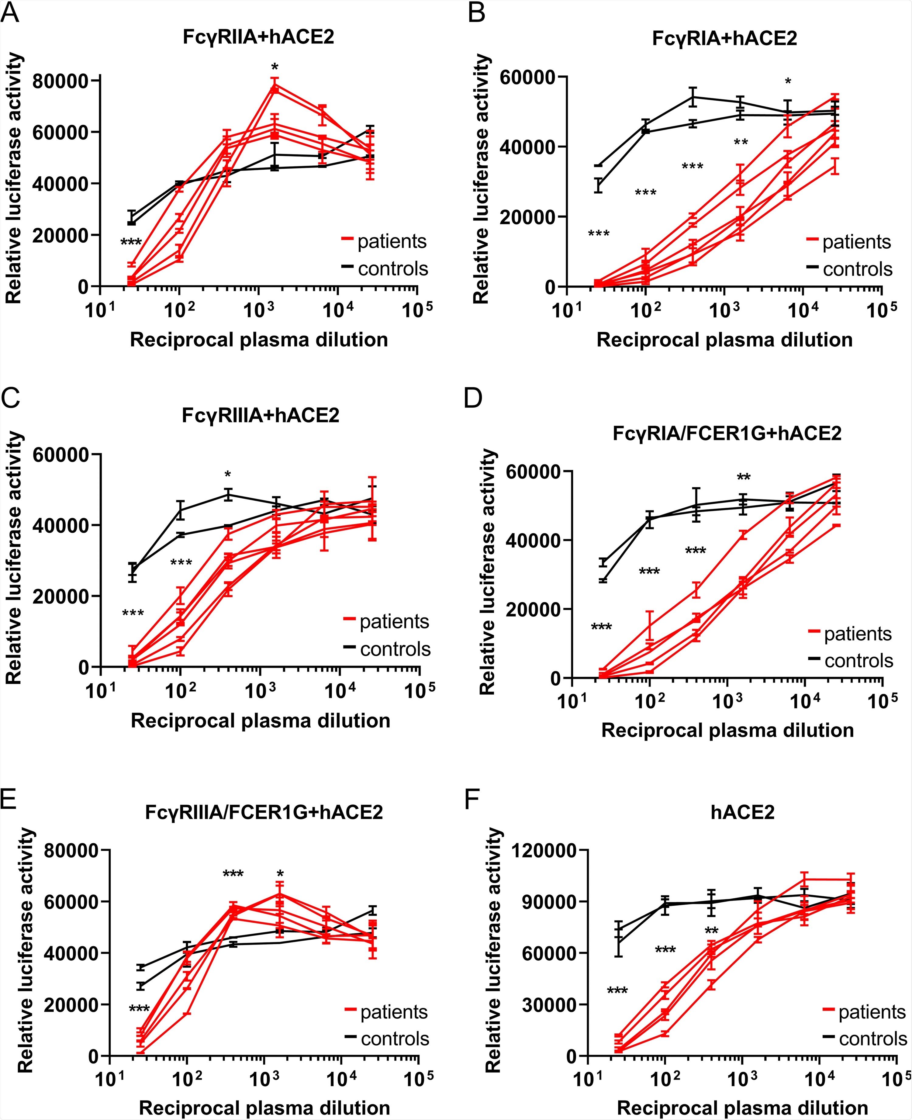 ADE de la infección SARS-CoV-2 es mediado principal por FcγRIIA y FcγRIIIA. (A a E) diluyó en serie plasma de la convaleciente-fase a partir de cinco individuos y dos muestras del plasma del mando incubadas con VSV-SARS2-S fueron utilizadas para infectar las células indicadas que transfected con un vector de la expresión hACE2; la actividad del luciferase en los lysates de la célula era resuelta en 24 hpi. El experimento fue realizado con las muestras duplicados; se muestran los medios y las desviaciones estándar. (f) El plasma en serie diluida de la convaleciente-fase a partir de dos individuos y dos muestras del plasma del mando incubadas con VSV-SARS2-S fueron utilizadas para infectar las células indicadas, y la actividad del luciferase en los lysates de la célula era resuelta en 24 hpi. Los experimentos fueron realizados dos veces; se muestran los medios y el SD. El análisis estadístico fue realizado usando una prueba desparejada de t. ***,   de P <   0,001; **,   de P <   0,01; *,   de P <   0,05.