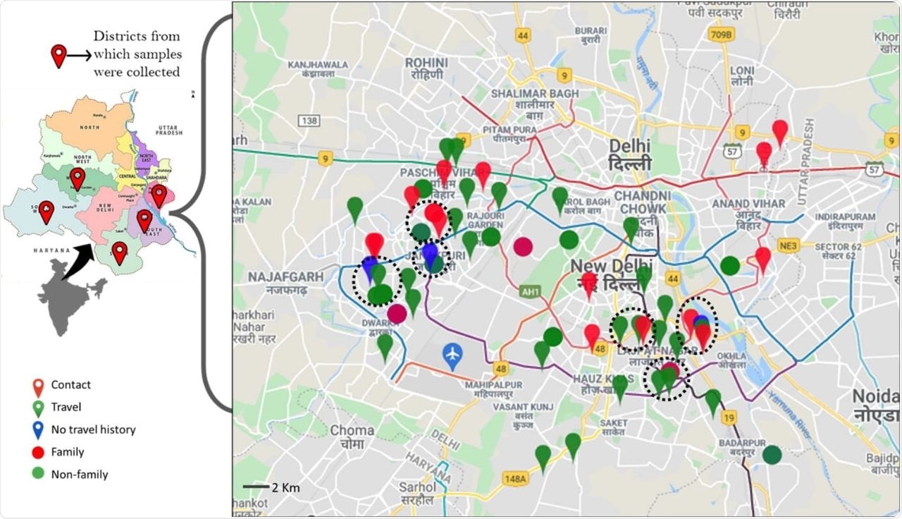 Geoetiquetado de casos de Omicron (n=82) de cinco distritos de la capital nacional, Delhi.  Los círculos punteados negros representan un grupo local con tres o más casos en las proximidades.