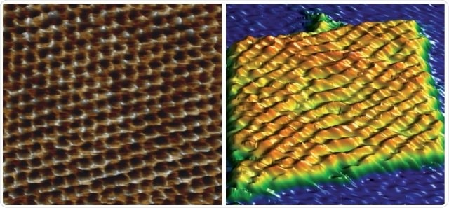 Left: Topography image of atomic lattice of mica in liquid. Image taken in closed-loop on an inverted microscope, scan size 10 nm × 10 nm, height range 210 pm. Right: DNA origami (GATTA-AFM, Gattaquant, Germany) Tapping Mode topography image acquired at 400 lines/sec in TAE buffer, scan size 96 nm × 96 nm, height range 3.1 nm.