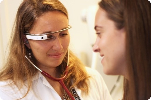 Physician wearing smart glasses