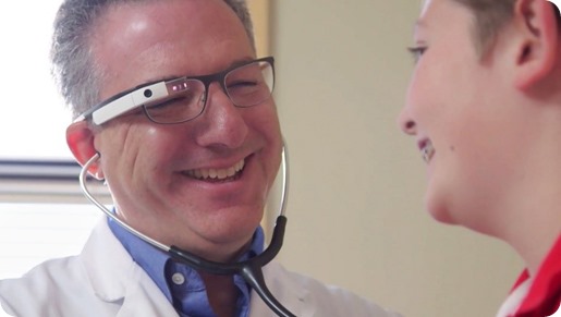 Physician wearing smart glasses