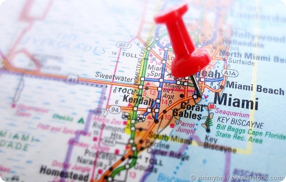 Closeup of Miami map with red push pin