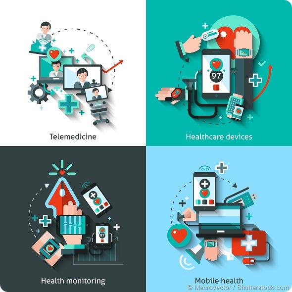 Digital medicine design concept set with telemedicine healthcare devices mobile health monitoring flat icons isolated illustration