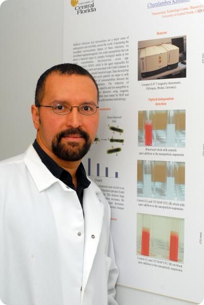 Dr. Manuel Perez has broad experience in the academic, research and corporate worlds, having worked at Harvard Medical School, conducted research at Boston University and worked for the Millipore Corporation in Bedford, Mass. Since he joined UCF, he has written numerous articles in prestigious journals such as Nature Materials, Nano Letters, Small, PLoS ONE and Angewandte Chemie. Credit: Jacque Brund