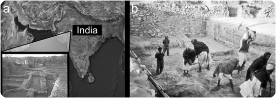 A) A map of India showing the location of Balathal and a view of the lower town. B) Photograph of the excavations within the stone enclosure where skeleton 1997-1 was located. This individual was interred in the Chalcolithic deposit (layer 7) of stratified layers of burned cow dung. Associated radiocarbon dates indicate an antiquity of cal B.C. 2000.