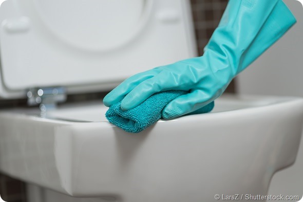 Hand of a person cleaning the toilet seat in rubber gloves with a sponge disinfecting the underside for germs and bacteria while performing household chores