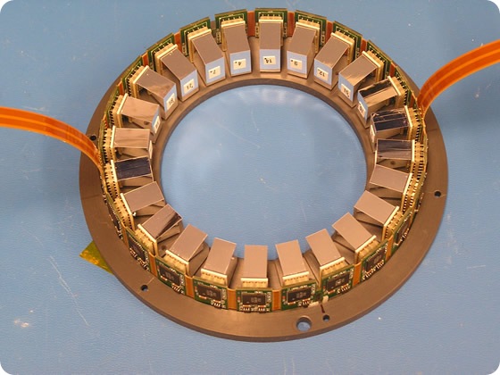 Close up of the PET part of the breast imaging system, showing the individual detector units. This device was developed at Brookhaven Lab in a collaboration of the Medical Department, Physics Department, Instrumentation Division, and Stony Brook University.