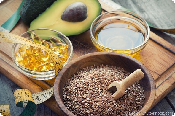 Sources of omega 3 fatty acids flaxseeds, avocado, oil capsules and flaxseed oil