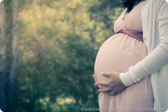 Beautiful Asian pregnant woman standing among trees, outdoor in nature. Filtered, vintage and soft focus effects