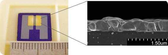 The new sensor device and a cross-sectional electron-microscope photo of the copper(I) bromide film