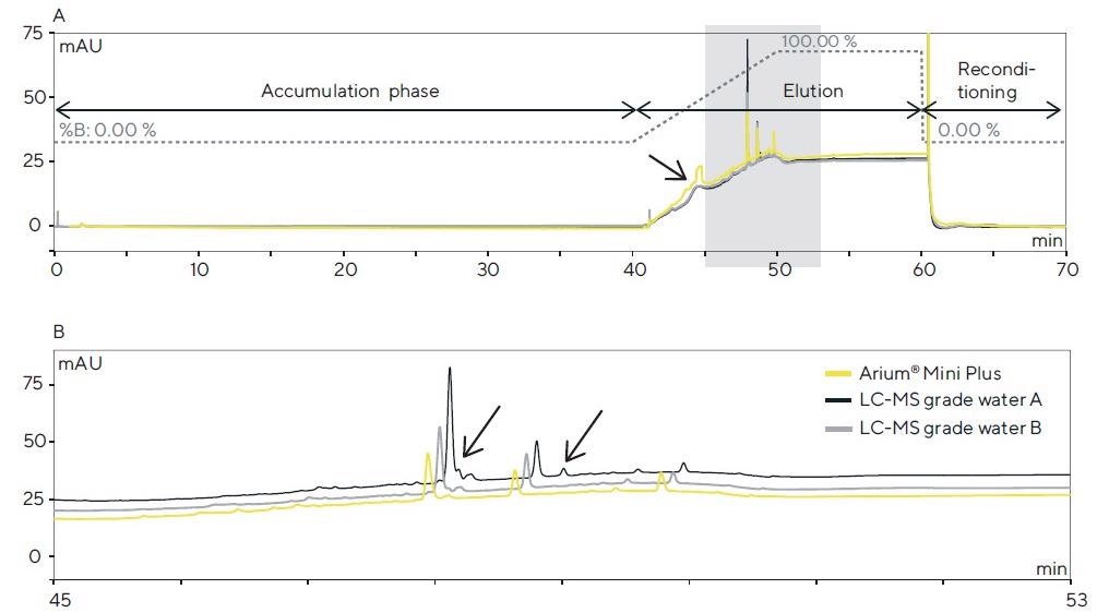 (A) HPLC-DAD chromatograms (detection: 200 nm) after a 40-min. accumulation phase for each of the three water sources tested in the column and subsequent elution of the contaminants performed with acetonitrile. (B) Magnified view of the colored section in A; differences in the peak profile are identified by arrows