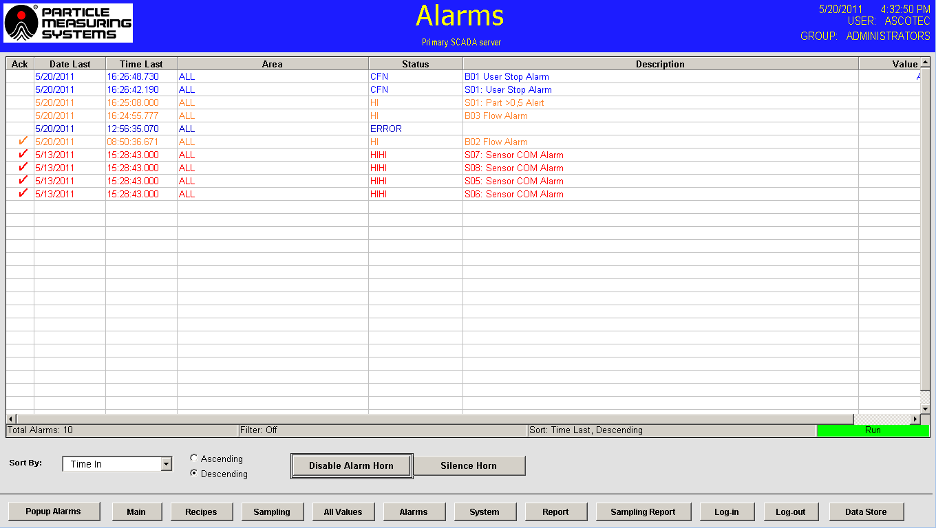Alarms page
