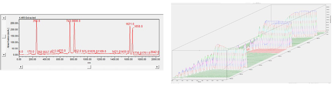 Spectrum data for the System Suitability in 2D (left) and 3D (right). The 3D data help you see when a peak reaches focus in one 3D image, instead of comparing a series of 2D images take every 10 seconds during the sample separation.