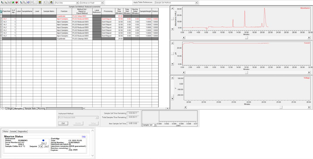 CE-SDS separation of the ProteinSimple IgG Standard monitored in real time using Empower® software.
