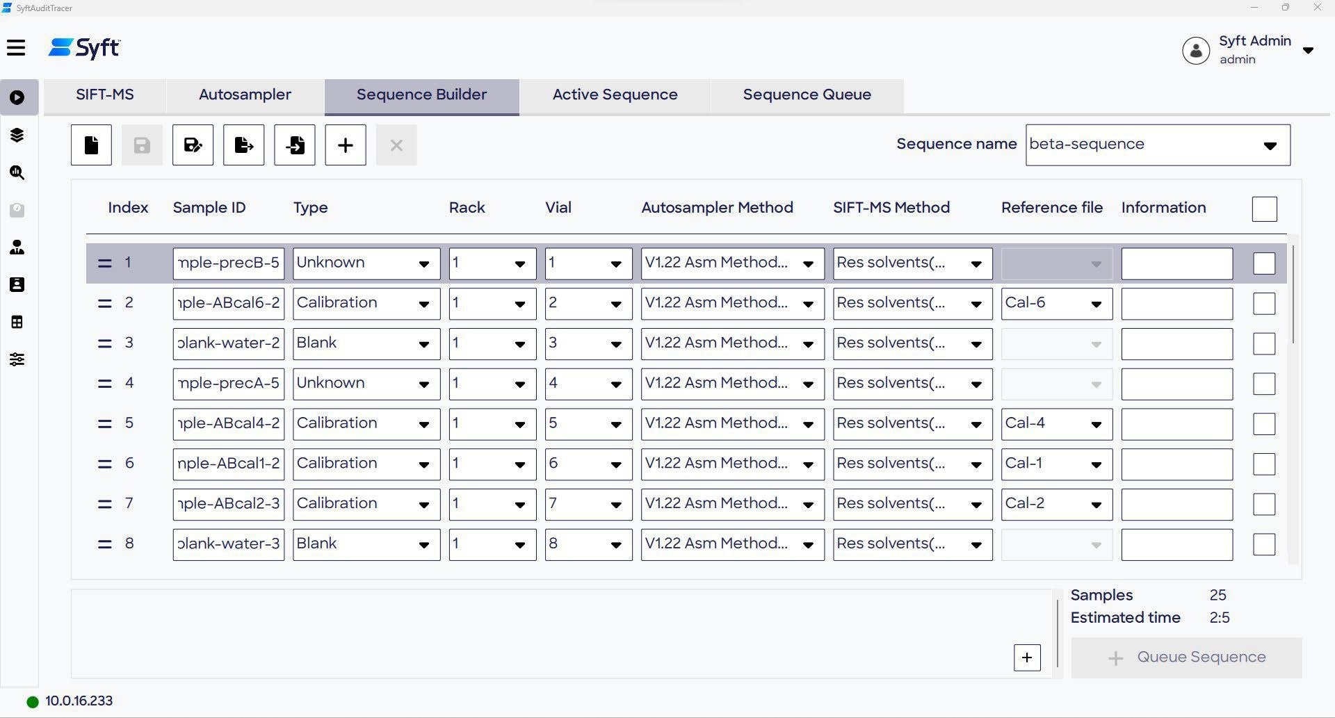 The Sequence Builder tab of the Run page is used to create analytical sequences that are used to conduct sample analysis
