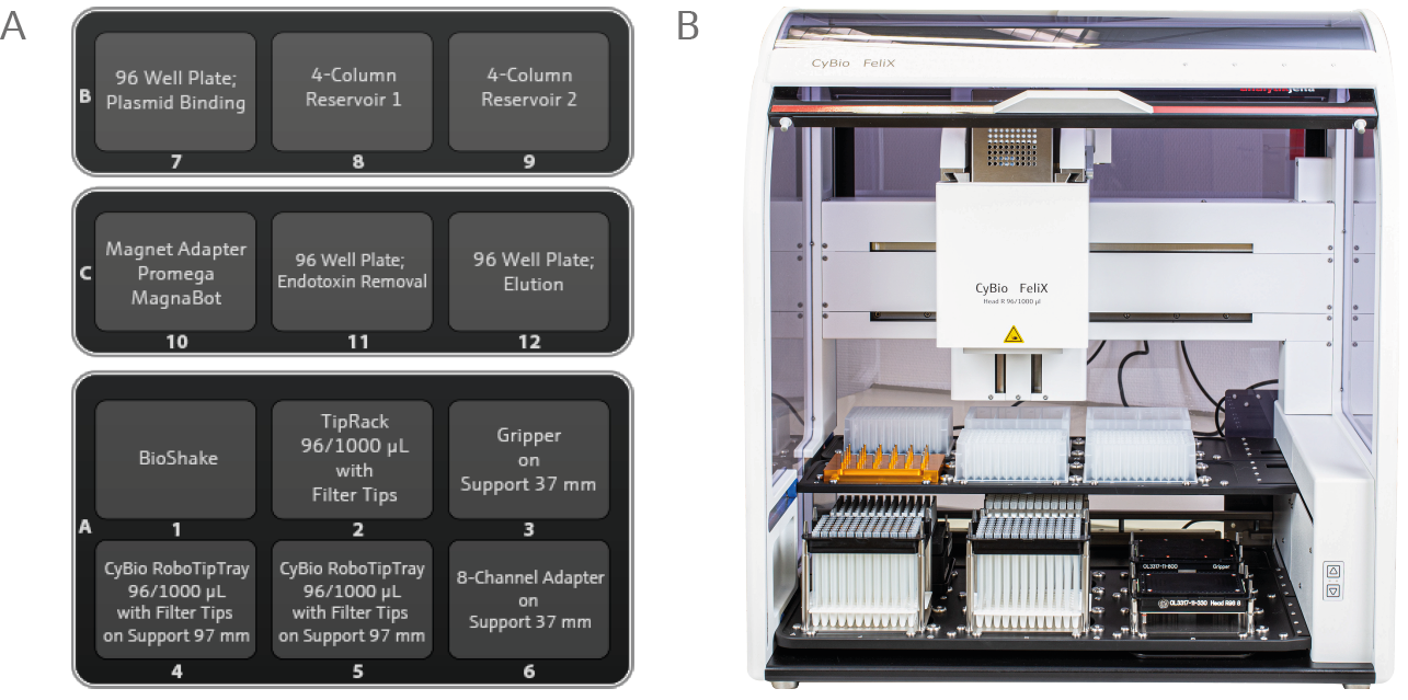 Deck layout for plasmid DNA purification on the CyBio FeliX Liquid Handler using the Wizard MagneSil Tfx™ System. Reagents are dispensed by the instrument from 4-column reservoirs, with the exception of Endotoxin Removal Resin and Elution Buffer which are pre-dispensed manually in the indicated deep well plates. (A) Reagent, labware, consumable and accessory positions for implementing the Wizard MagneSil Tfx™ System kit on the CyBio FeliX liquid handler. (B) CyBio FeliX instrument (Analytik Jena) with the ‘CyBio FeliX Extraction Set’, the MagnaBot® FLEX 96 Magnetic Separation Device (Promega) and Bioshake 3000-T elm (QInstruments) mounted with a Nunc® 2.0 mL heat plate adapter (QInstruments)