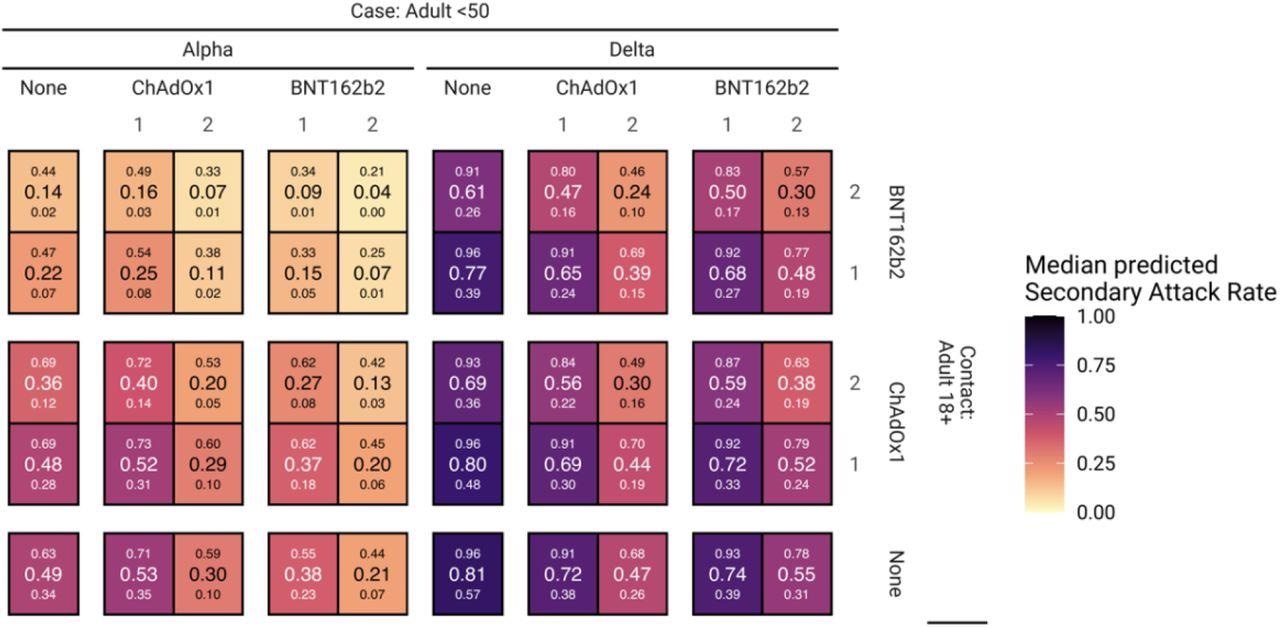 Predicted secondary rates of attack (SARs) for each combination of case and contact vaccine status.  Large numbers inside cells are the median of SAR, where the small numbers below and above correspond to the credible range of 95%.