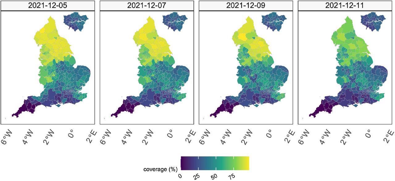 Coverage of testing in England able to identify S-Gene Target Failure (SGFT). Regions of the South West which have lower coverage, are less likely to be able to rapidly discriminate between Omicron and Delta variants.