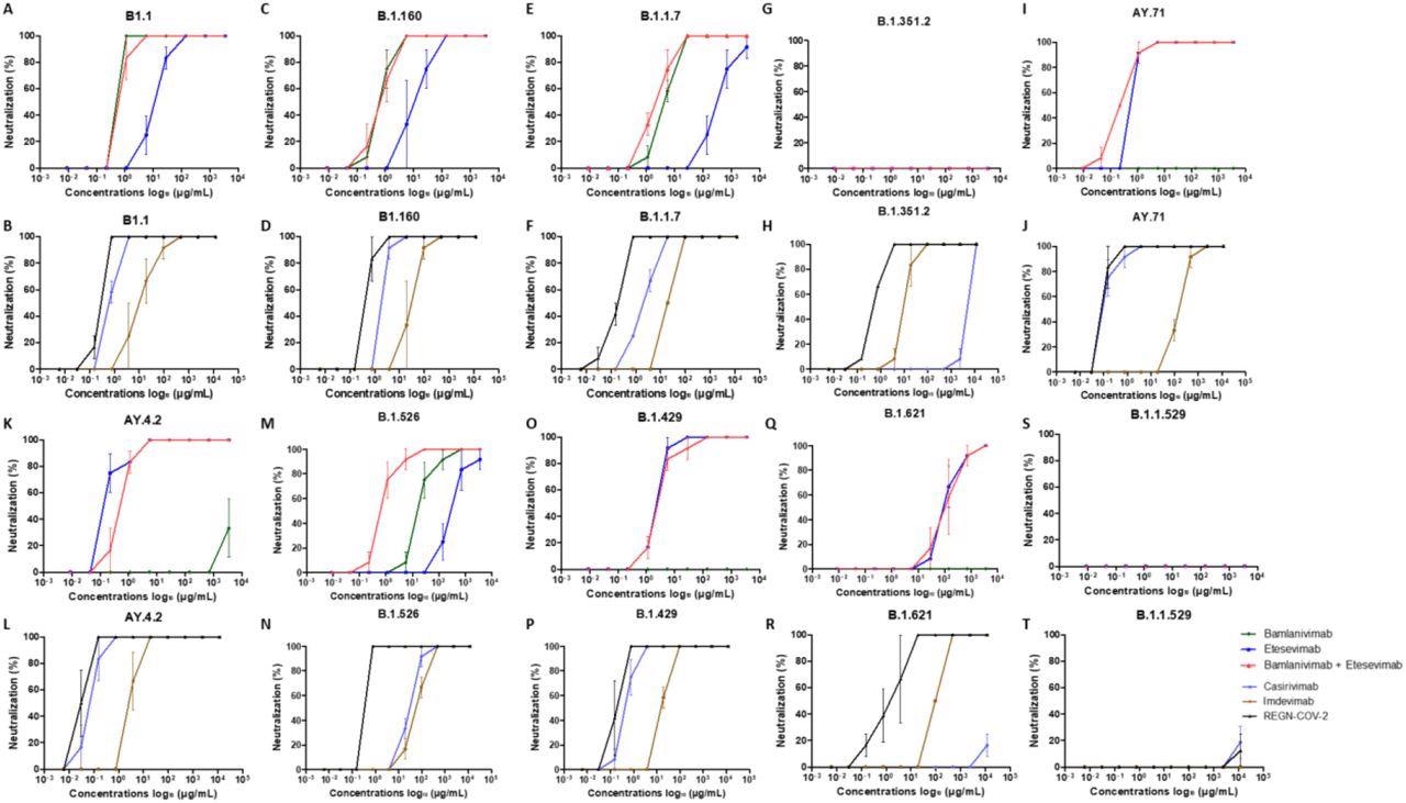 Neutralization curves in Vero E6 cells for each strains tested with each mAb : A, C, E, G, I, K, M, N, O, Q, S : bamlanivimab, etesevimab and mixture of bamlanivimab and etesevimab – B, D, F, H, J, L, N, P, R, T : casirivimab, imdevimab and REGN-CoV-2. Each experiment was done three times, except for the Omicron variant four times.