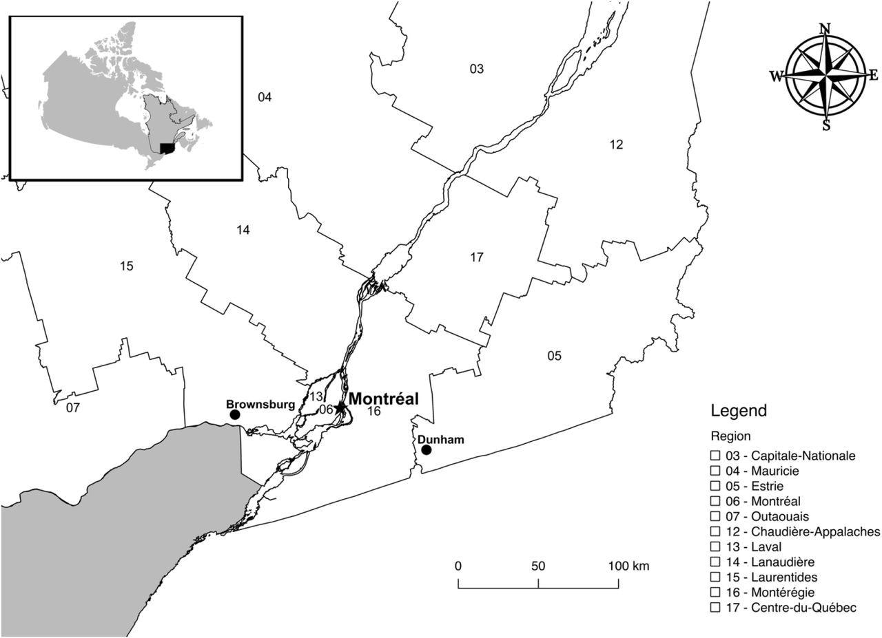 Map of southern Québec administrative regions and corresponding identification numbers within the study region. Inset shows location of Québec (outlined) and study region (shaded black) within Canada.