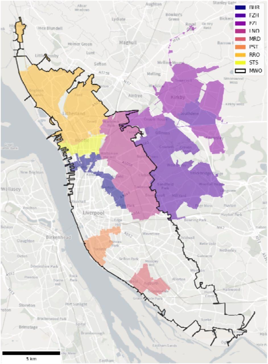 Wastewater catchments of the 8 sewer network sampling locations (colored) and the WWTP (MWO, black outline) across Liverpool.