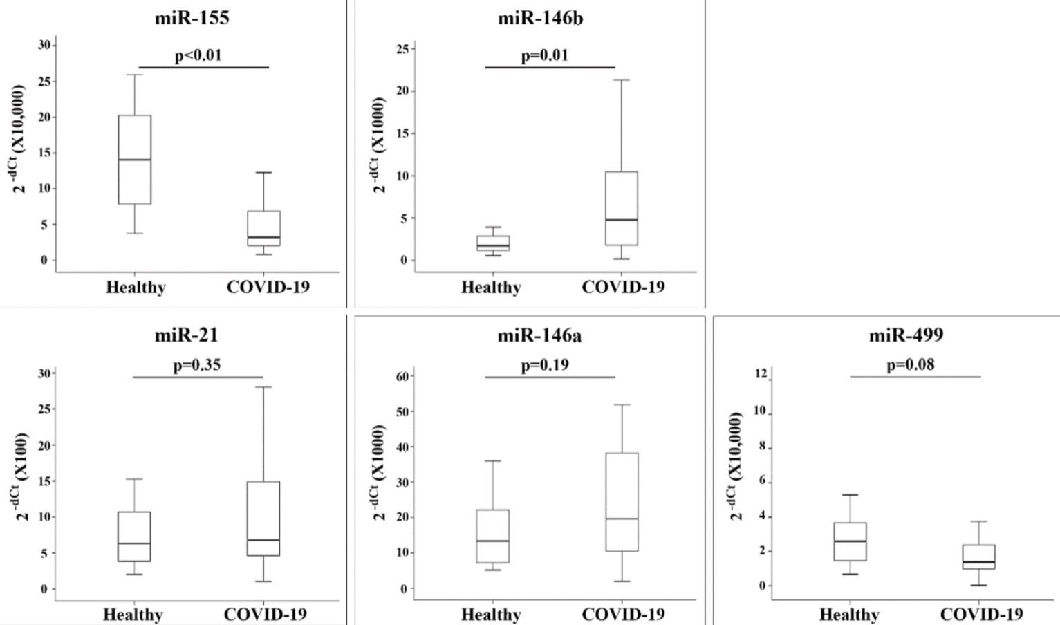MiRNA expression in healthy and COVID-19 patients: 2−dCt values quantified by quantitative RT-PCR (qRT-PCR) are presented as box plots showing the 10th, 25th, 50th, 75th, and 90th percentile of the patients.