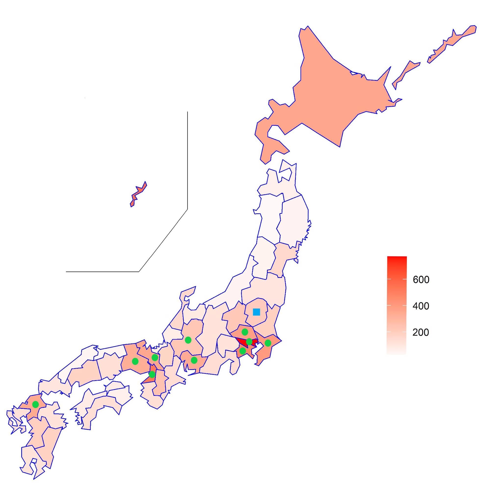 Infection Rate across Prefectures. Note; The infection rate is per 100,000 persons. Circles represent the 10 prefectures that declared SE in January and continued till the end of February. The square represents Tochigi prefecture, which declared the SE in January but lifted it on February 7th.