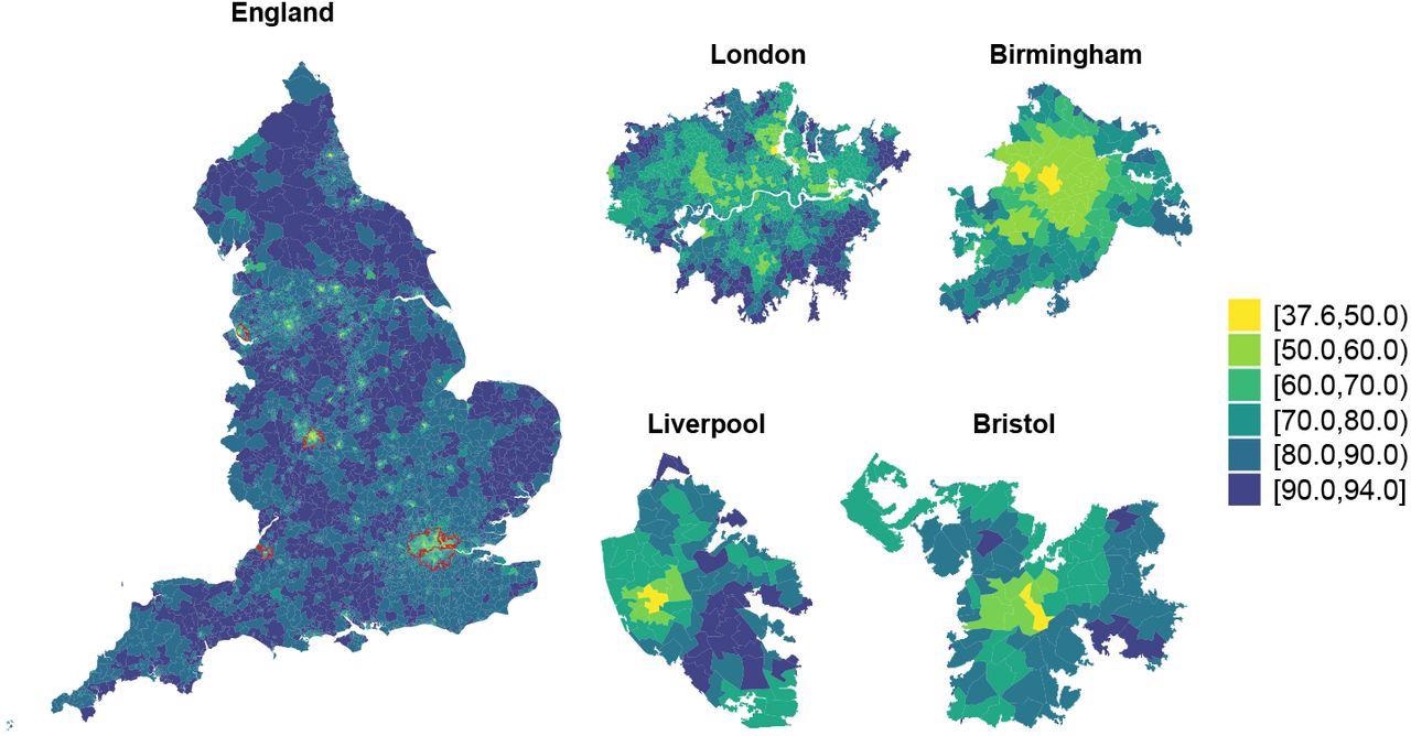 Posterior mean of vaccine uptake up until 01-01-2022 in each Middle Layer Super Output Area in England (left) and for the most populated cities accounting for a total 11 212 813 population [47] (right).