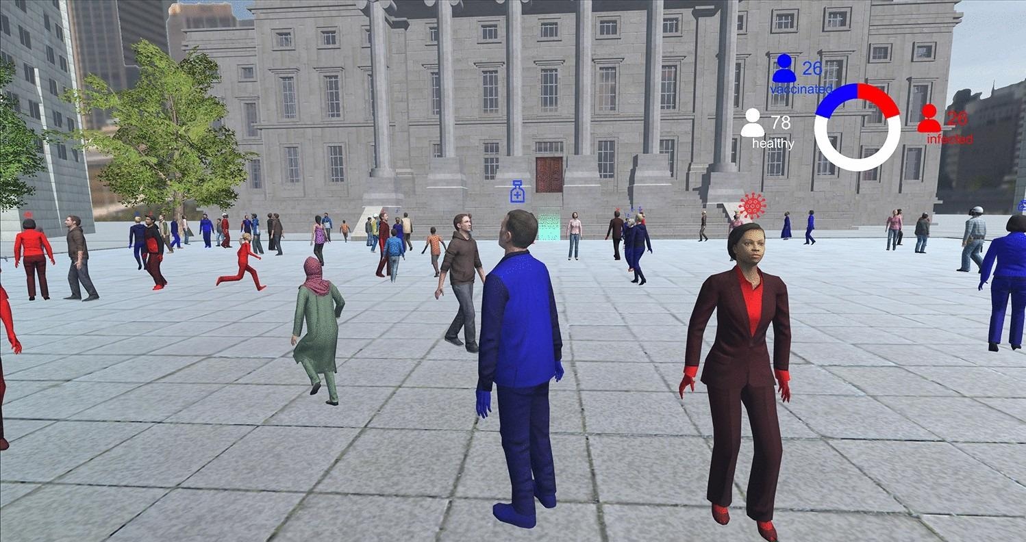 The busy square scene in VR, with feedback graph showing the number of infected, healthy and vaccinated characters.
