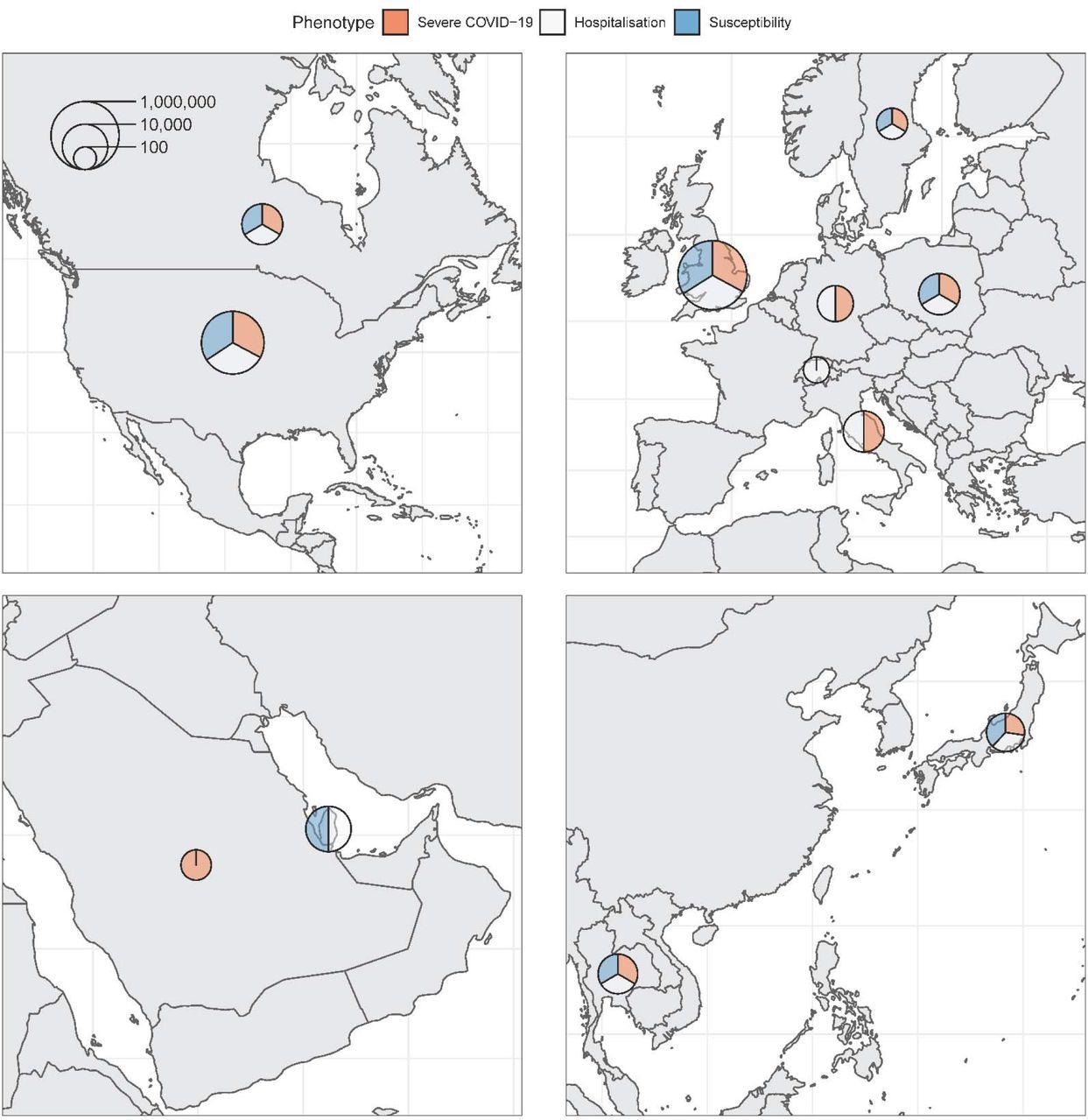 Maps of countries contributing data to the consortium. Sample sizes (cases and controls) for each phenotype were added and represented on the logarithmic scale by each circle. Relative contribution to each phenotype is represented by the three colors.