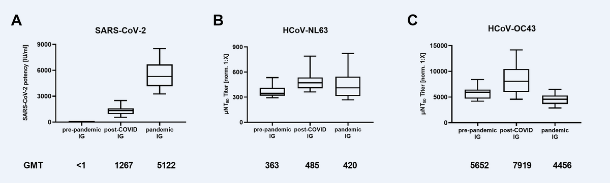 Neutralizing antibody titers in immunoglobulin (IG) lots manufactured from pre-pandemic plasma (N=16), plasma of post-COVID-19 individuals (post-COVID,