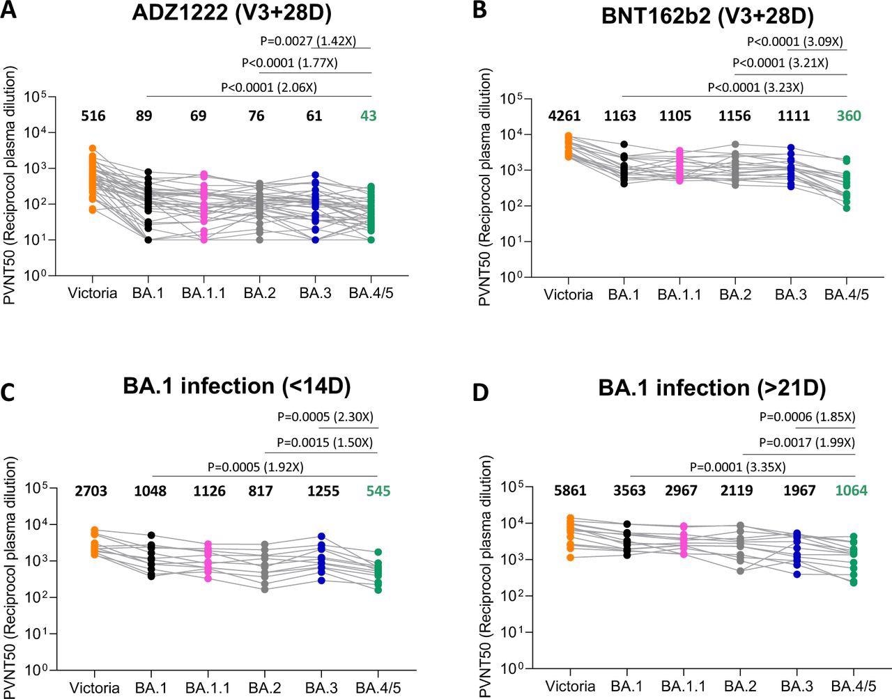 Pseudoviral neutralization assays of BA.4/5 by vaccine and BA.1 immune serum. IC50 values for the indicated viruses using serum obtained from vaccinees 28 days following their third dose of vaccine (A) AstraZeneca AZD AZD1222 (n=41), (B) 4 weeks after the third dose of Pfizer BNT162b2 (n=20). Serum from volunteers suffering breakthrough BA.1 infection volunteer taken (C) early ≤14 (n=12) days from symptom onset (median 13 days) (D) late ≥ 21 days from symptom onset (median 38 days)